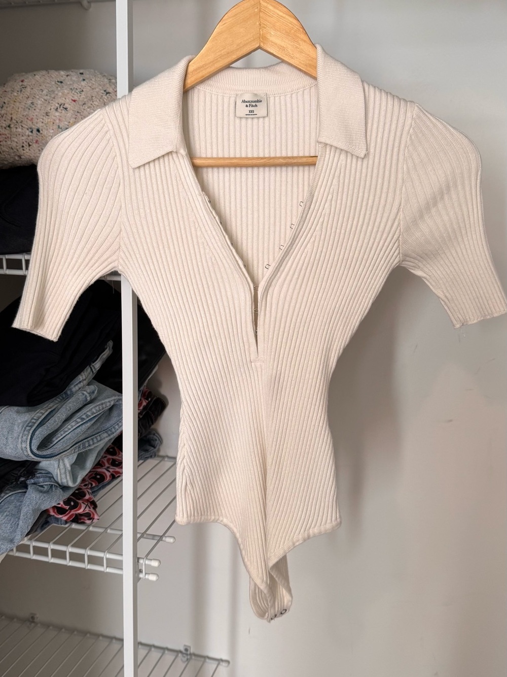 Abercrombie & Fitch Ribbed Cream Polo-Style Bodysuit